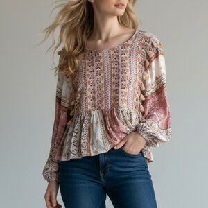 American Eagle Boho Floral Embroidered Puff Balloon Sleeve Peplum Blouse Top L